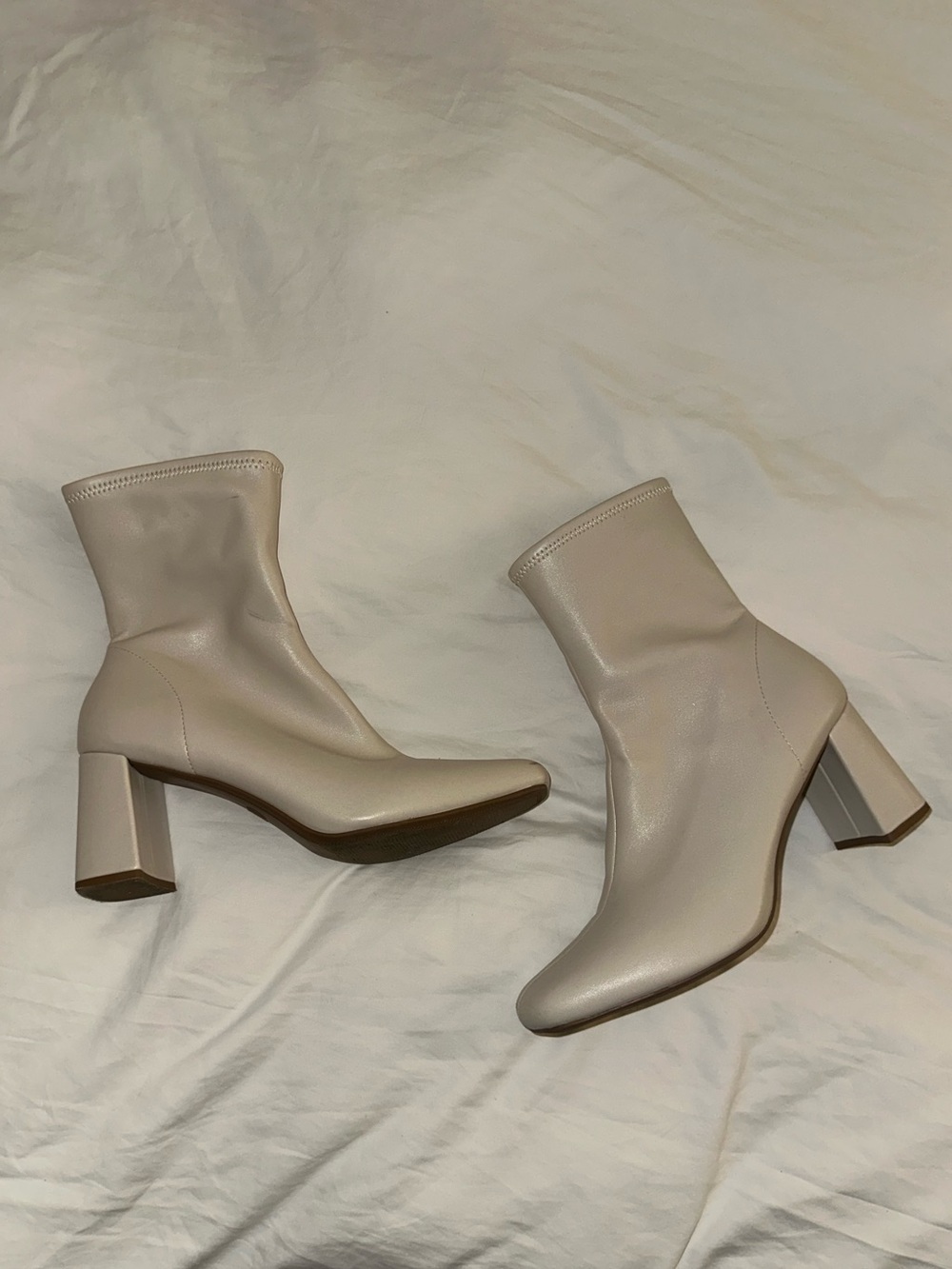 Cream Stretch Leather Block Heel Ankle Booties